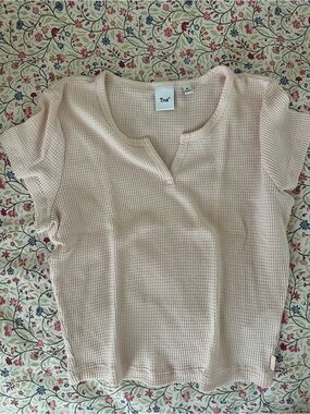 TNA Light Pink Waffle-Knit Short Sleeve Notch Top